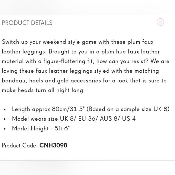 Pretty Little Thing plum faux leather leggings, size 10, inseam 35.5 inches long - Picture 3 of 10